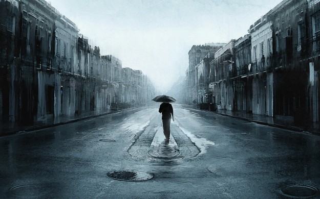 Sad-Man-With-Umbrella-Walking-In-A-Lonely-Street-Digital-Art-Artwork
