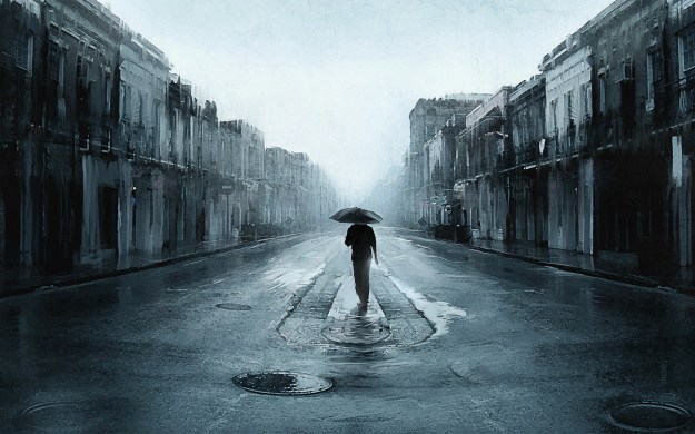 Sad-Man-With-Umbrella-Walking-In-A-Lonely-Street-Digital-Art-Artwork